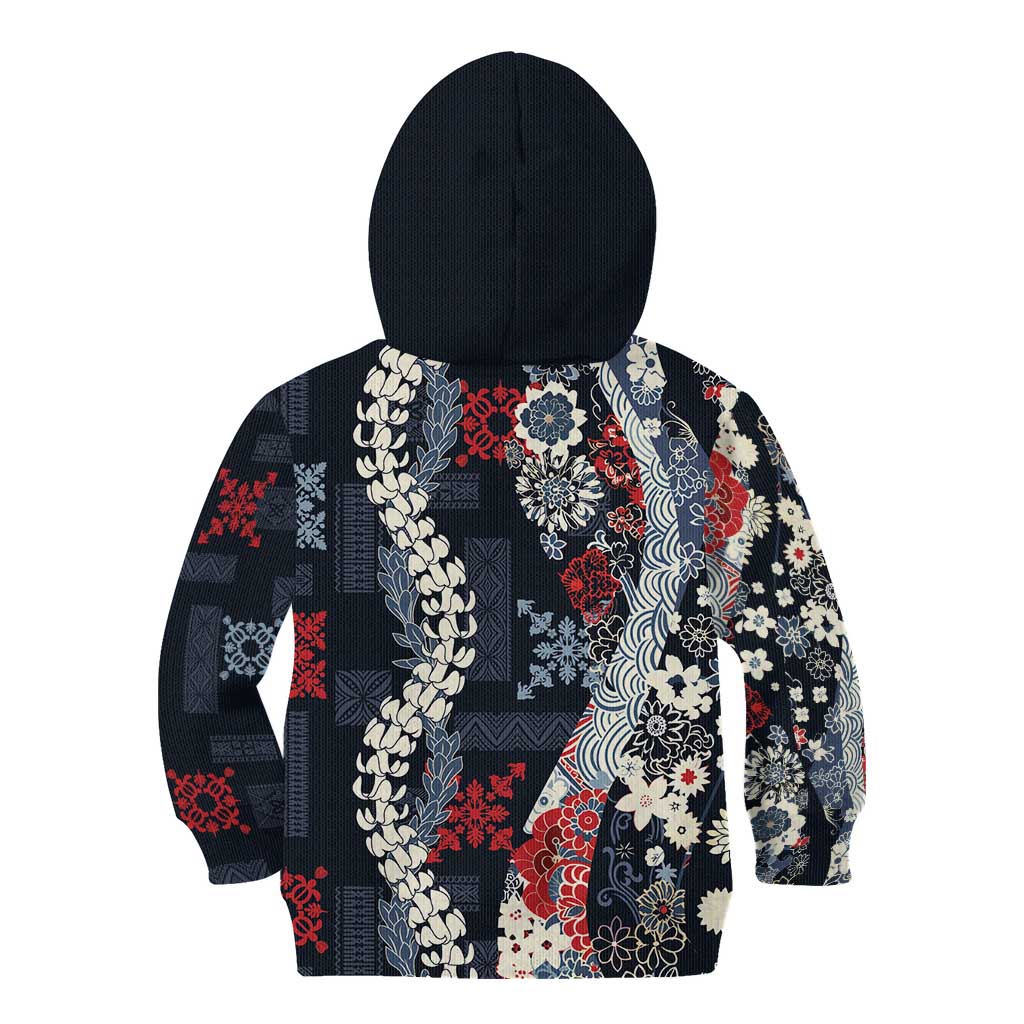 Hawaii Puakenikeni and Maile Lei Kid Hoodie Navy Blue Japanese Wave Style LT9 - Polynesian Pride