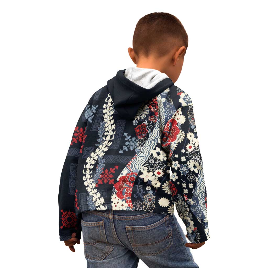 Hawaii Puakenikeni and Maile Lei Kid Hoodie Navy Blue Japanese Wave Style LT9 - Polynesian Pride