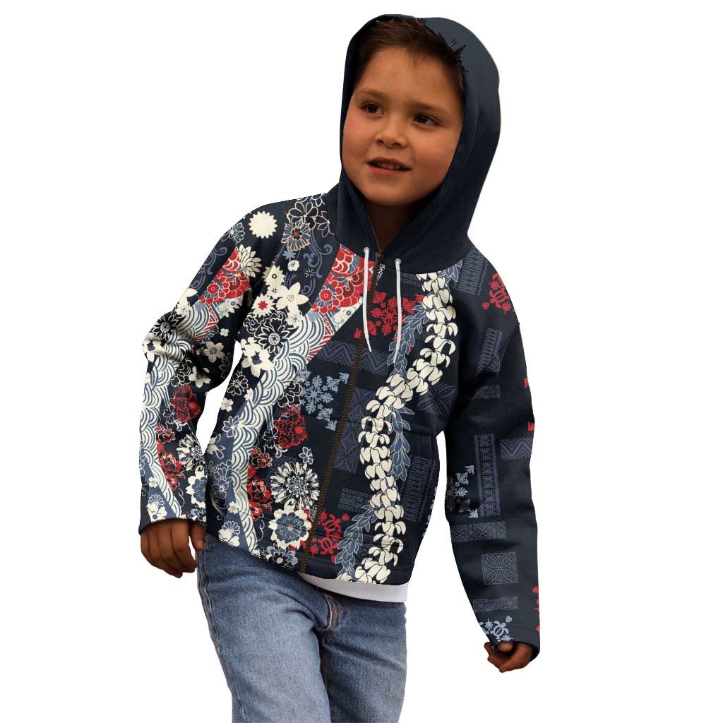 Hawaii Puakenikeni and Maile Lei Kid Hoodie Navy Blue Japanese Wave Style LT9 - Polynesian Pride