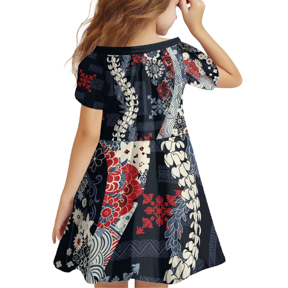 Hawaii Puakenikeni and Maile Lei Kid Short Sleeve Dress Navy Blue Japanese Wave Style - Polynesian Pride
