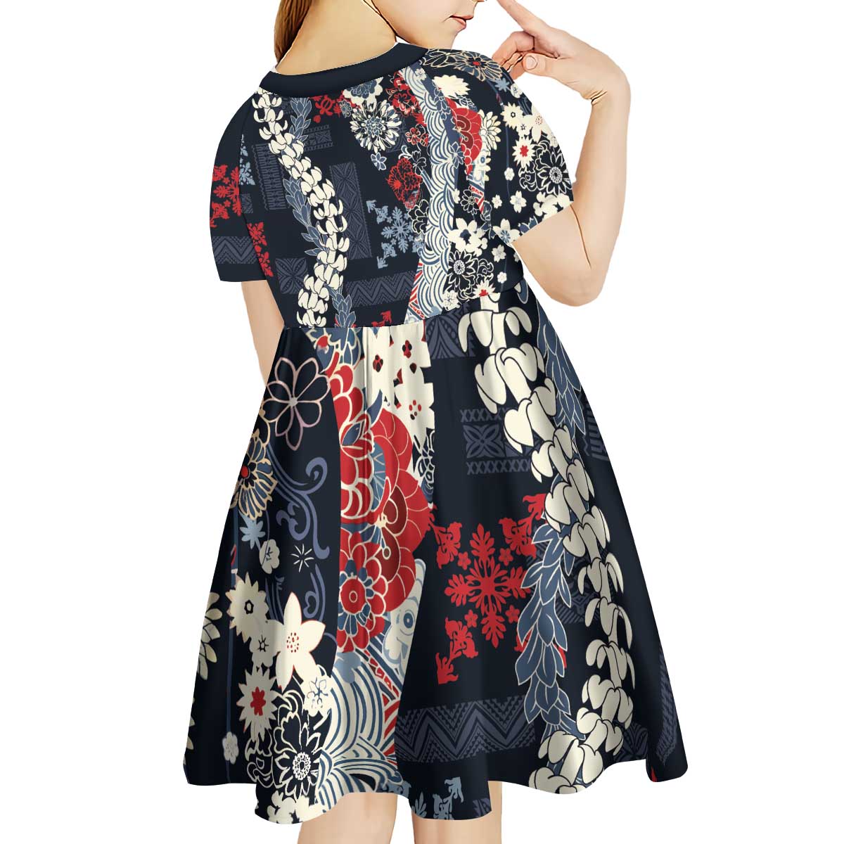 Hawaii Puakenikeni and Maile Lei Kid Short Sleeve Dress Navy Blue Japanese Wave Style - Polynesian Pride