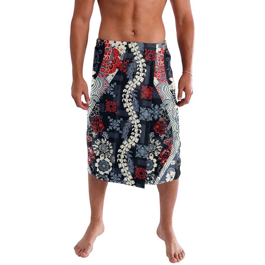 Hawaii Puakenikeni and Maile Lei Lavalava Navy Blue Japanese Wave Style - Polynesian Pride