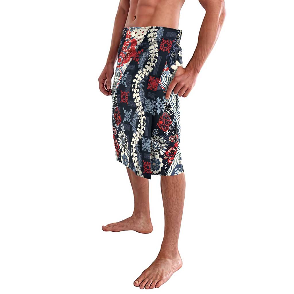 Hawaii Puakenikeni and Maile Lei Lavalava Navy Blue Japanese Wave Style - Polynesian Pride