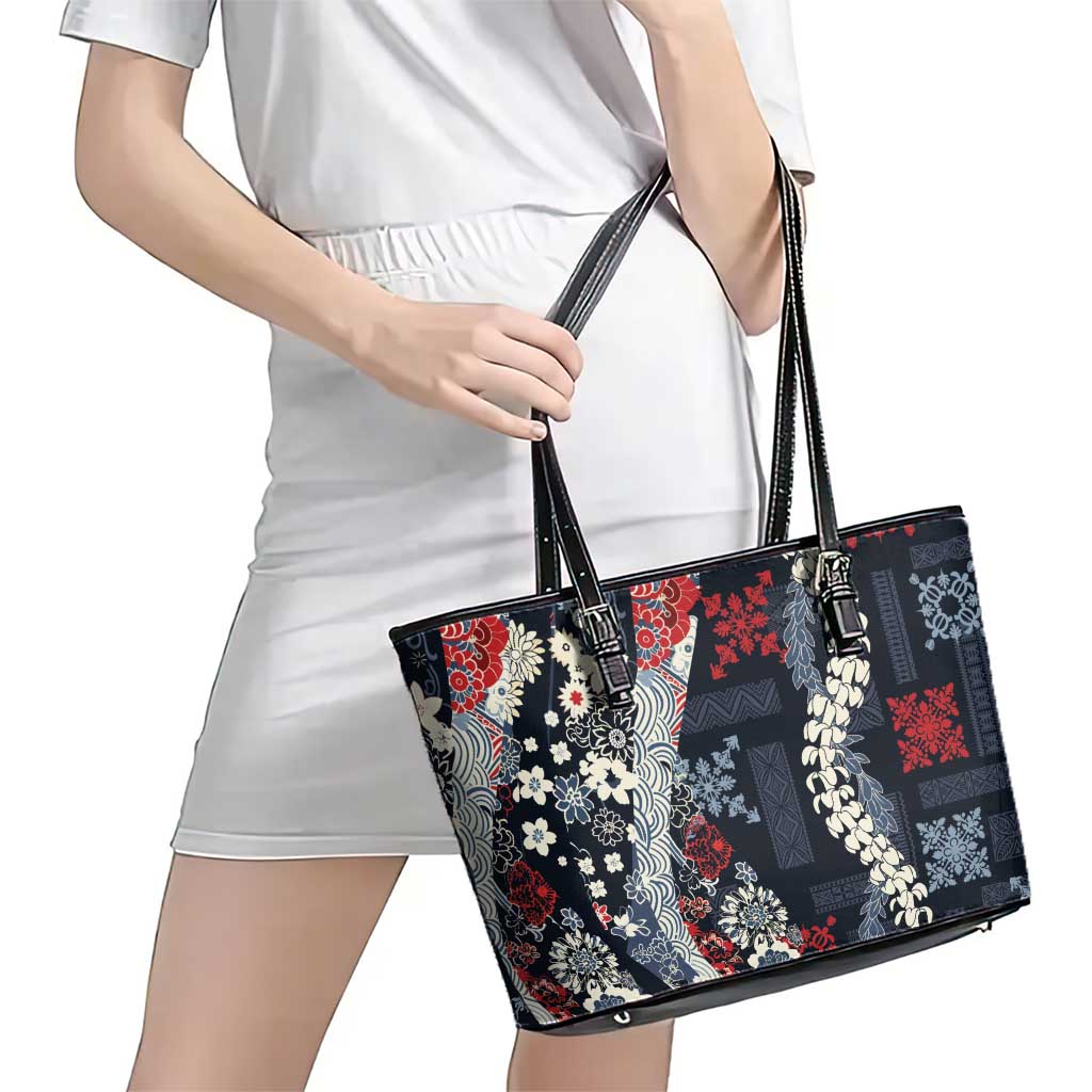Hawaii Puakenikeni and Maile Lei Leather Tote Bag Navy Blue Japanese Wave Style - Polynesian Pride