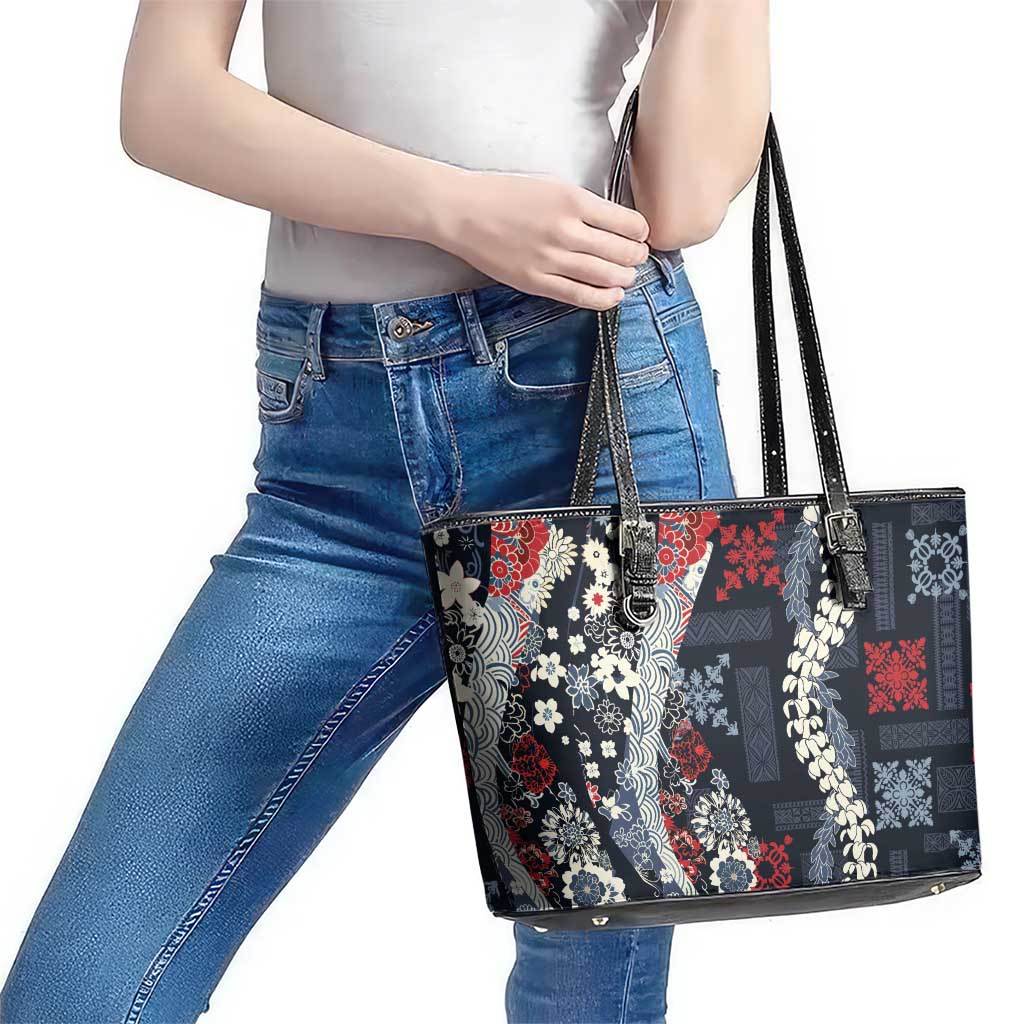 Hawaii Puakenikeni and Maile Lei Leather Tote Bag Navy Blue Japanese Wave Style - Polynesian Pride