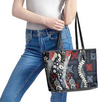 Hawaii Puakenikeni and Maile Lei Leather Tote Bag Navy Blue Japanese Wave Style - Polynesian Pride
