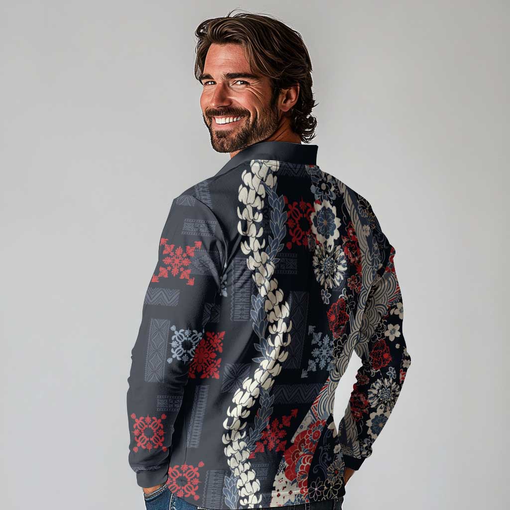 Hawaii Puakenikeni and Maile Lei Long Sleeve Polo Shirt Navy Blue Japanese Wave Style - Polynesian Pride