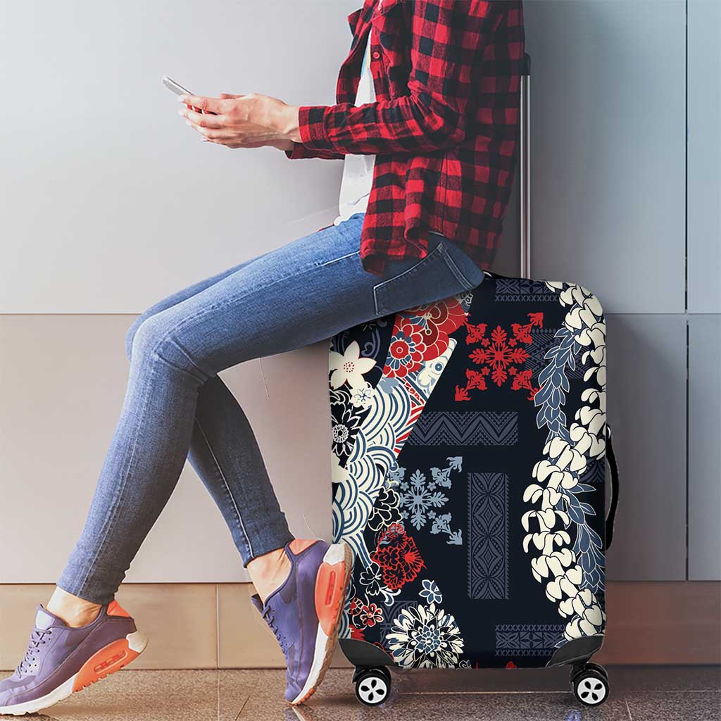 Hawaii Puakenikeni and Maile Lei Luggage Cover Navy Blue Japanese Wave Style - Polynesian Pride