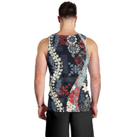Hawaii Puakenikeni and Maile Lei Men Tank Top Navy Blue Japanese Wave Style - Polynesian Pride