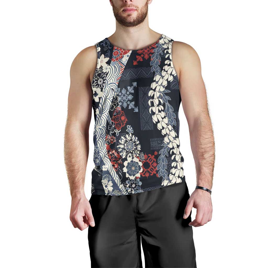 Hawaii Puakenikeni and Maile Lei Men Tank Top Navy Blue Japanese Wave Style - Polynesian Pride