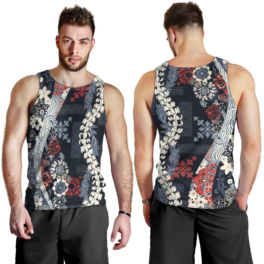 Hawaii Puakenikeni and Maile Lei Men Tank Top Navy Blue Japanese Wave Style - Polynesian Pride