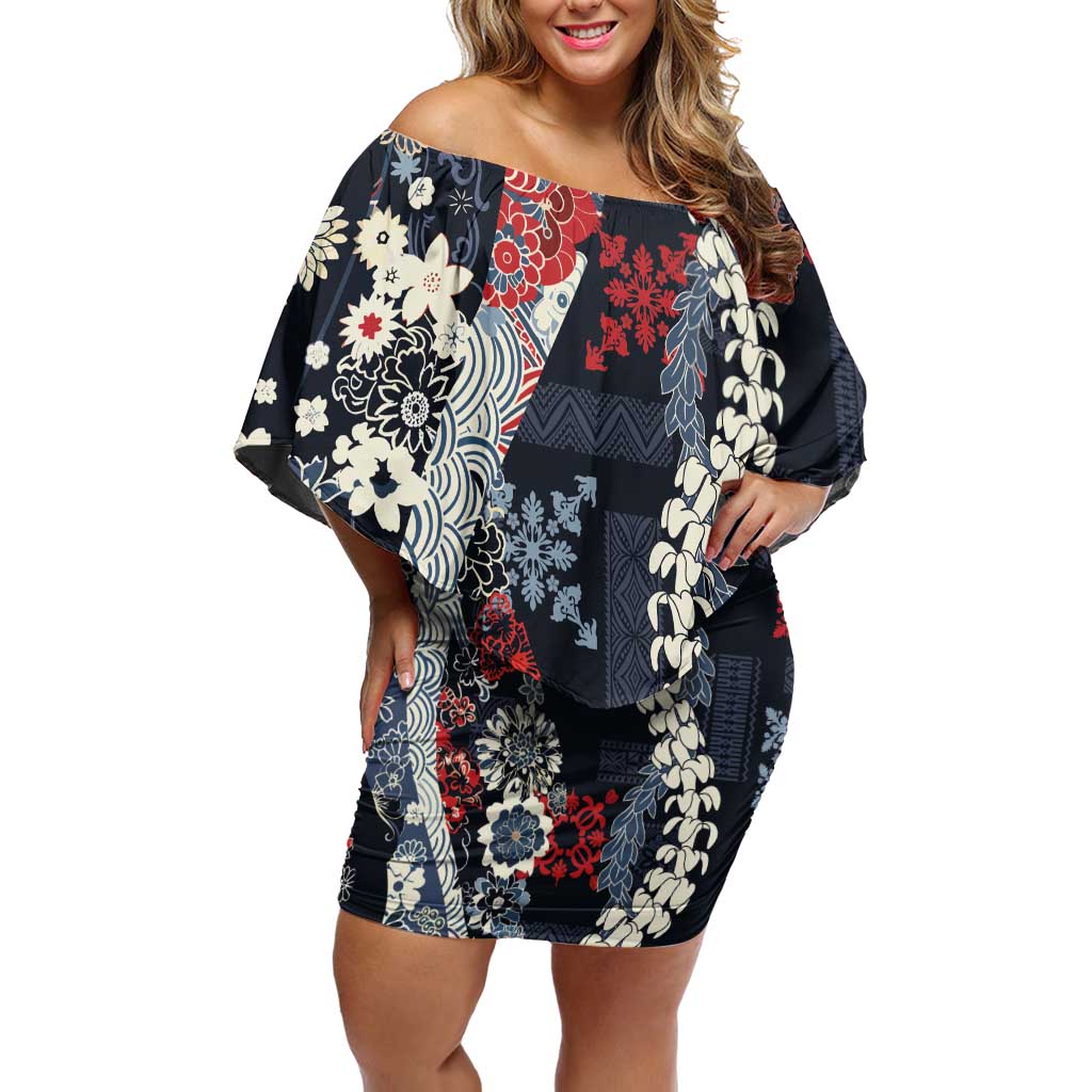 Hawaii Puakenikeni and Maile Lei Off Shoulder Short Dress Navy Blue Japanese Wave Style - Polynesian Pride