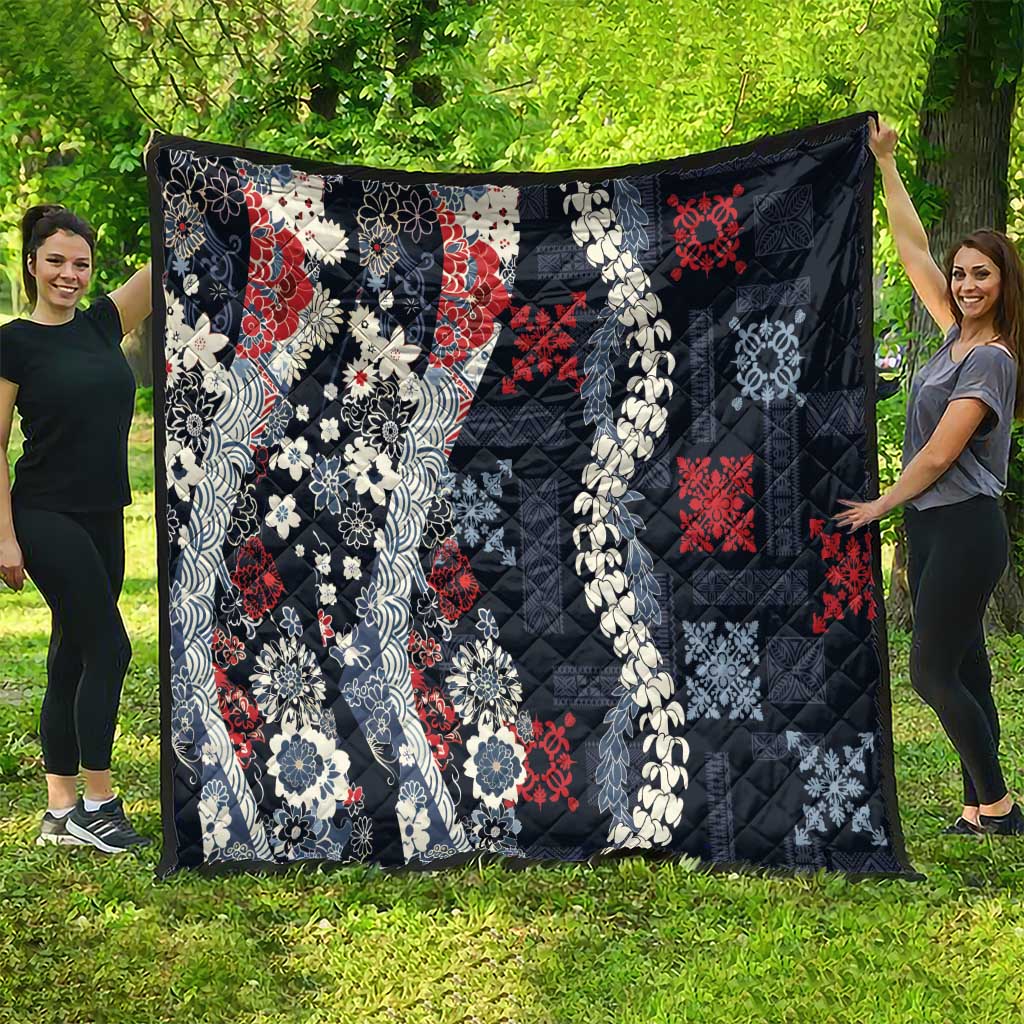 Hawaii Puakenikeni and Maile Lei Quilt Navy Blue Japanese Wave Style - Polynesian Pride
