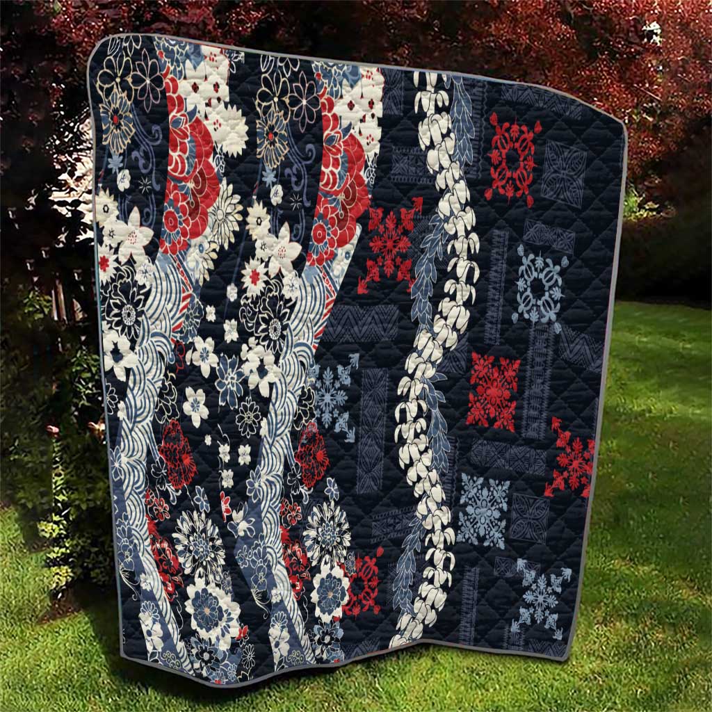 Hawaii Puakenikeni and Maile Lei Quilt Navy Blue Japanese Wave Style - Polynesian Pride