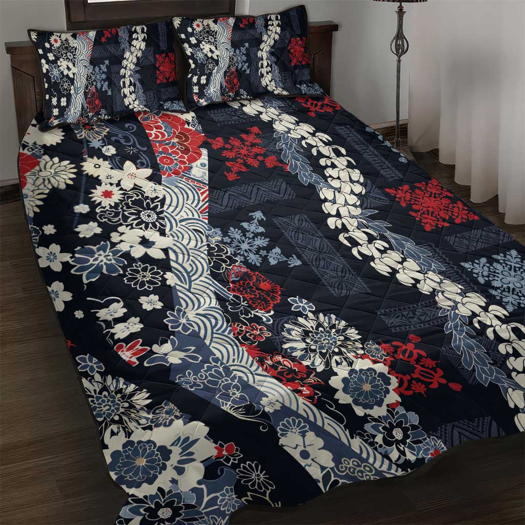 Hawaii Puakenikeni and Maile Lei Quilt Bed Set Navy Blue Japanese Wave Style - Polynesian Pride