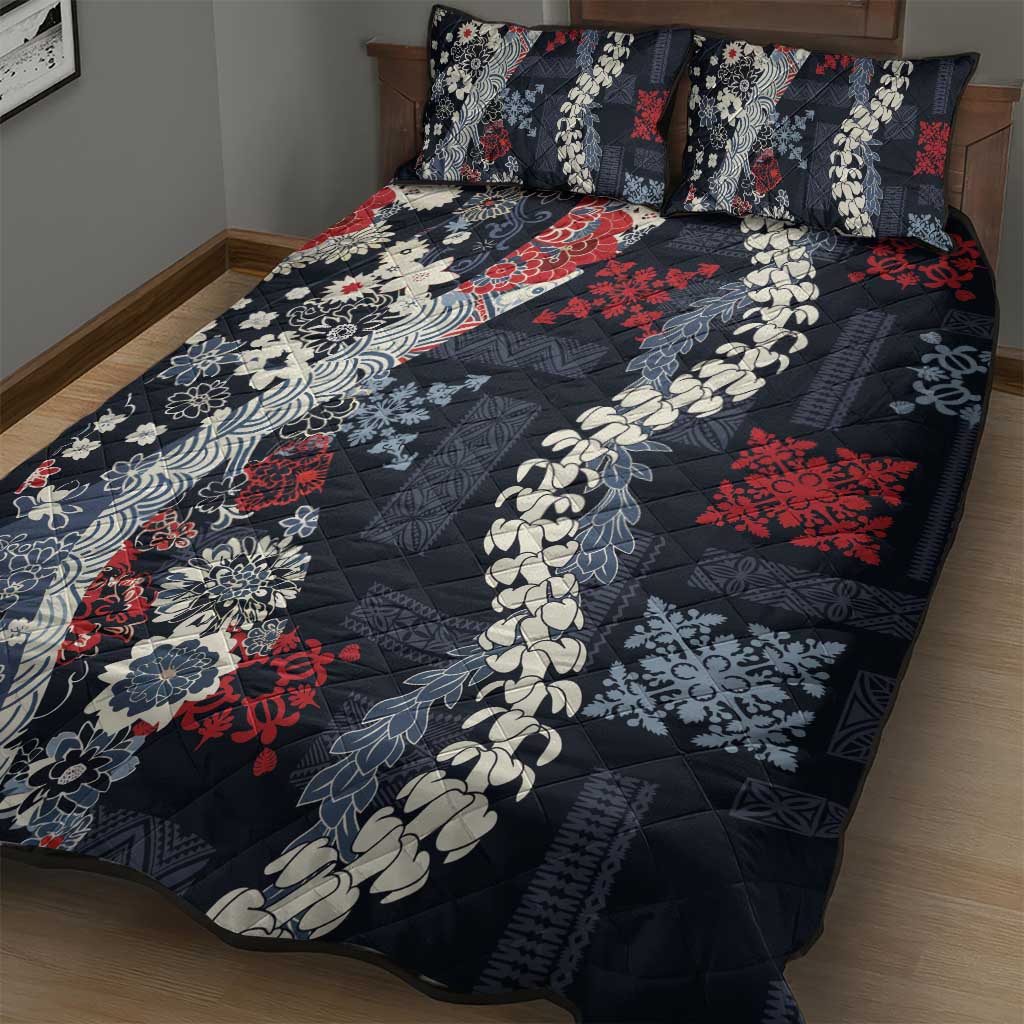 Hawaii Puakenikeni and Maile Lei Quilt Bed Set Navy Blue Japanese Wave Style - Polynesian Pride