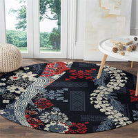 Hawaii Puakenikeni and Maile Lei Round Carpet Navy Blue Japanese Wave Style - Polynesian Pride