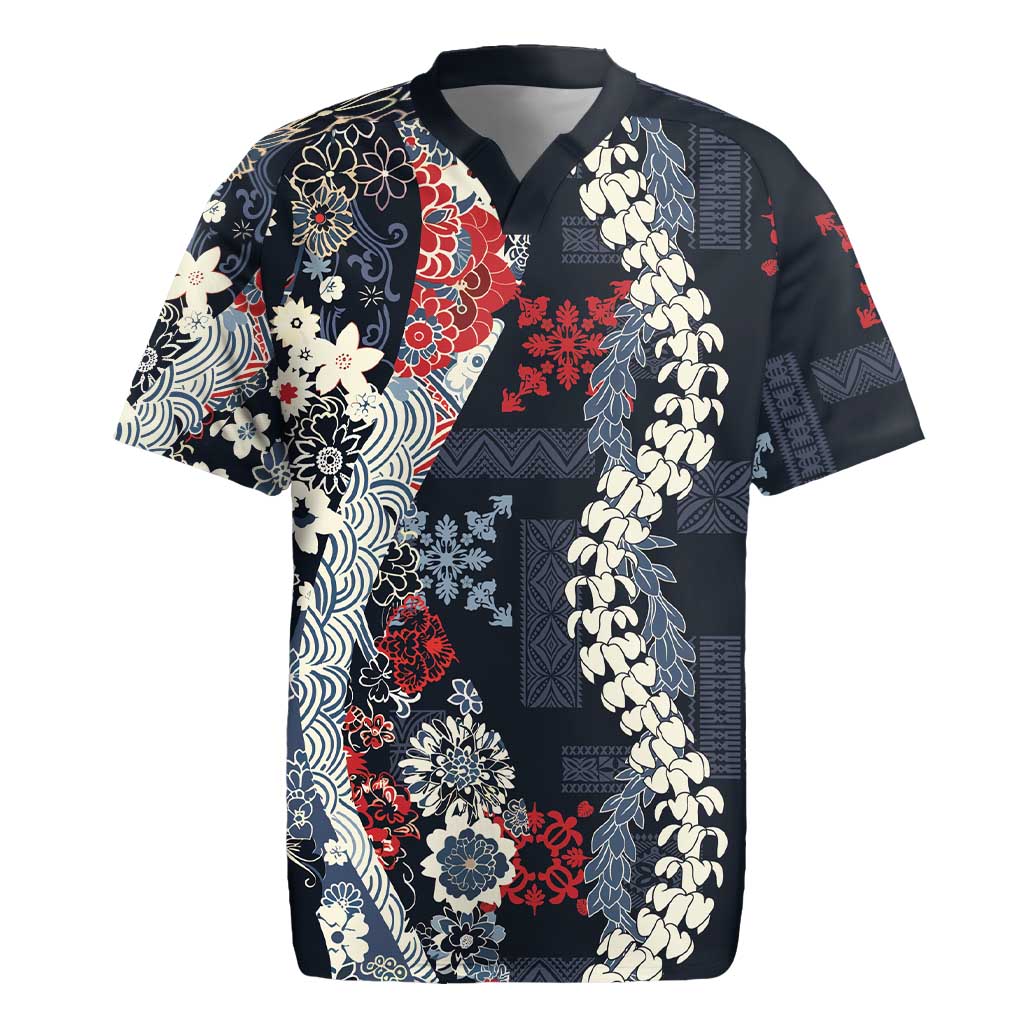 Hawaii Puakenikeni and Maile Lei Rugby Jersey Navy Blue Japanese Wave Style - Polynesian Pride