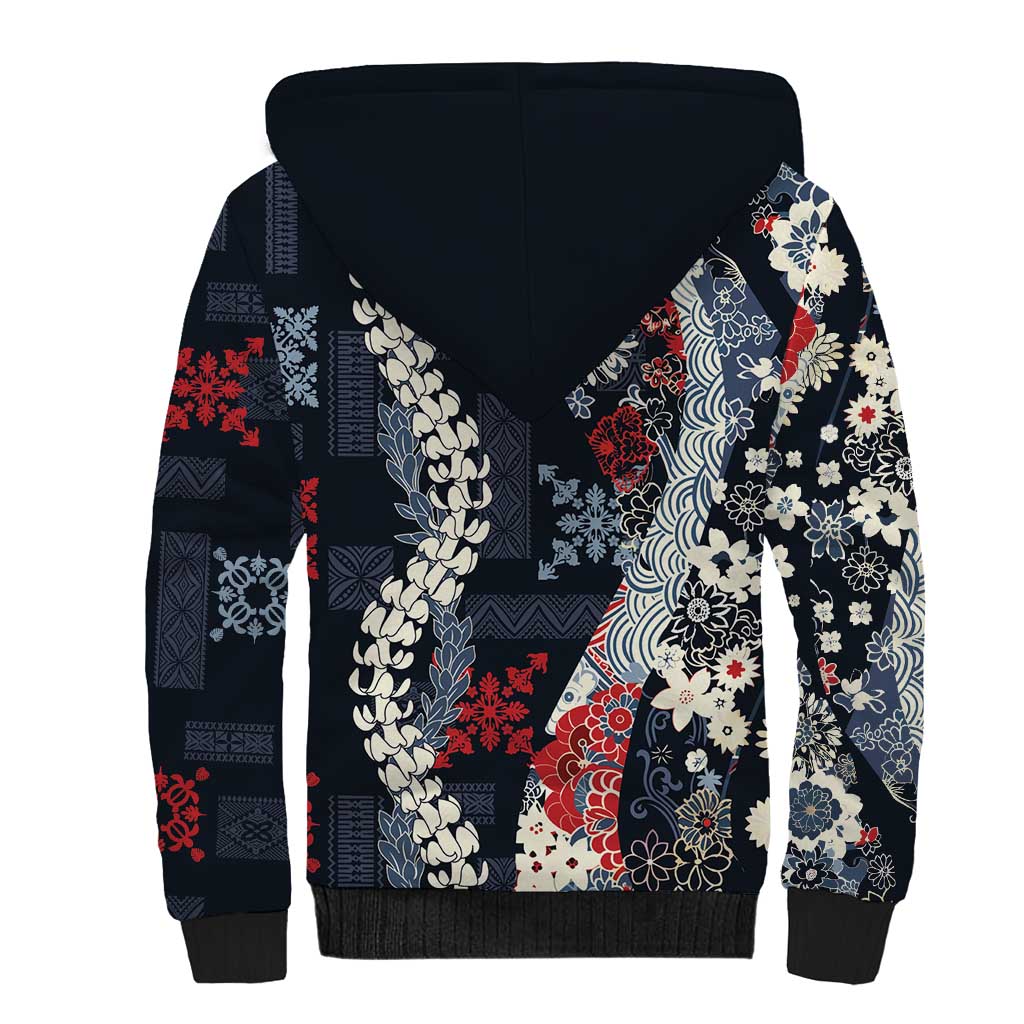 Hawaii Puakenikeni and Maile Lei Sherpa Hoodie Navy Blue Japanese Wave Style - Polynesian Pride