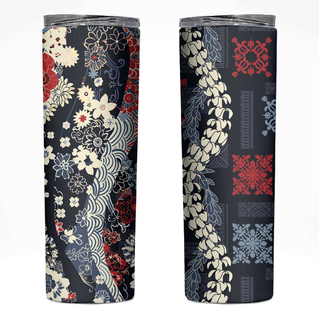 Hawaii Puakenikeni and Maile Lei Skinny Tumbler Navy Blue Japanese Wave Style - Polynesian Pride