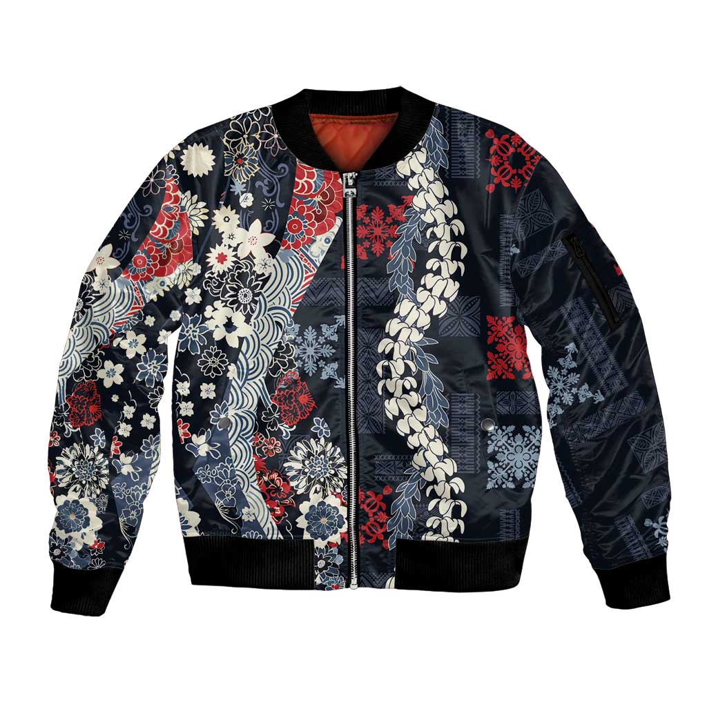Hawaii Puakenikeni and Maile Lei Sleeve Zip Bomber Jacket Navy Blue Japanese Wave Style - Polynesian Pride