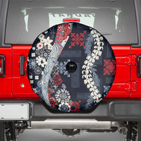 Hawaii Puakenikeni and Maile Lei Spare Tire Cover Navy Blue Japanese Wave Style - Polynesian Pride