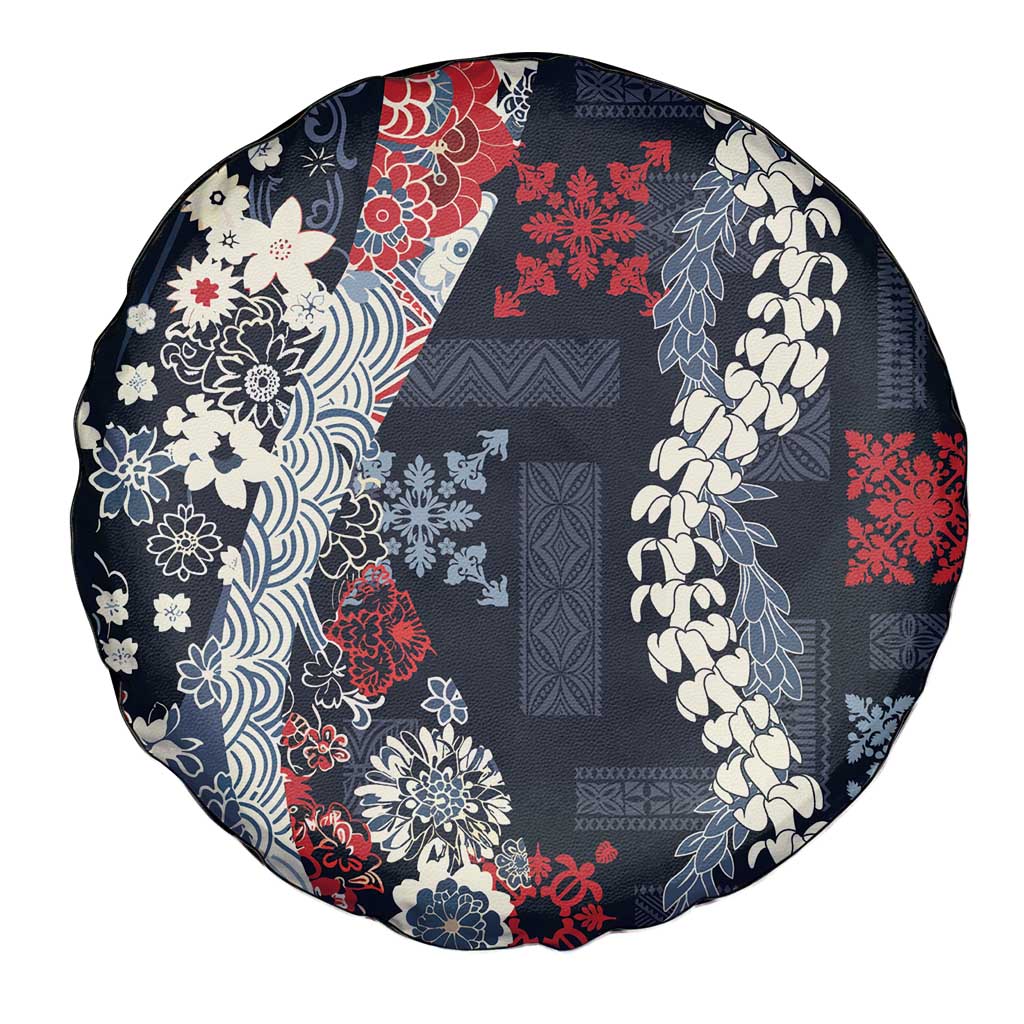 Hawaii Puakenikeni and Maile Lei Spare Tire Cover Navy Blue Japanese Wave Style - Polynesian Pride