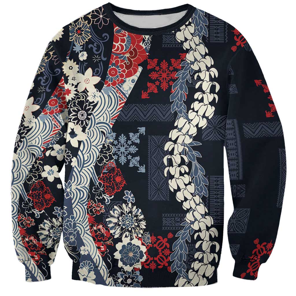 Hawaii Puakenikeni and Maile Lei Sweatshirt Navy Blue Japanese Wave Style LT9 Unisex Navy Blue - Polynesian Pride