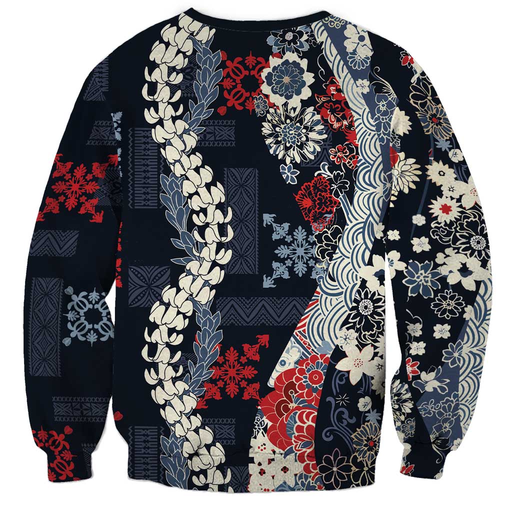 Hawaii Puakenikeni and Maile Lei Sweatshirt Navy Blue Japanese Wave Style LT9 - Polynesian Pride