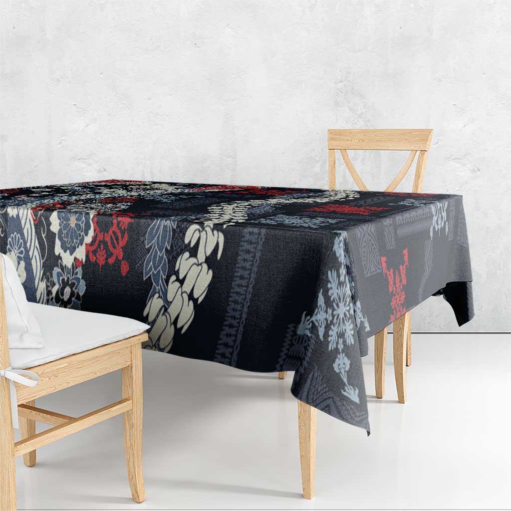 Hawaii Puakenikeni and Maile Lei Tablecloth Navy Blue Japanese Wave Style - Polynesian Pride