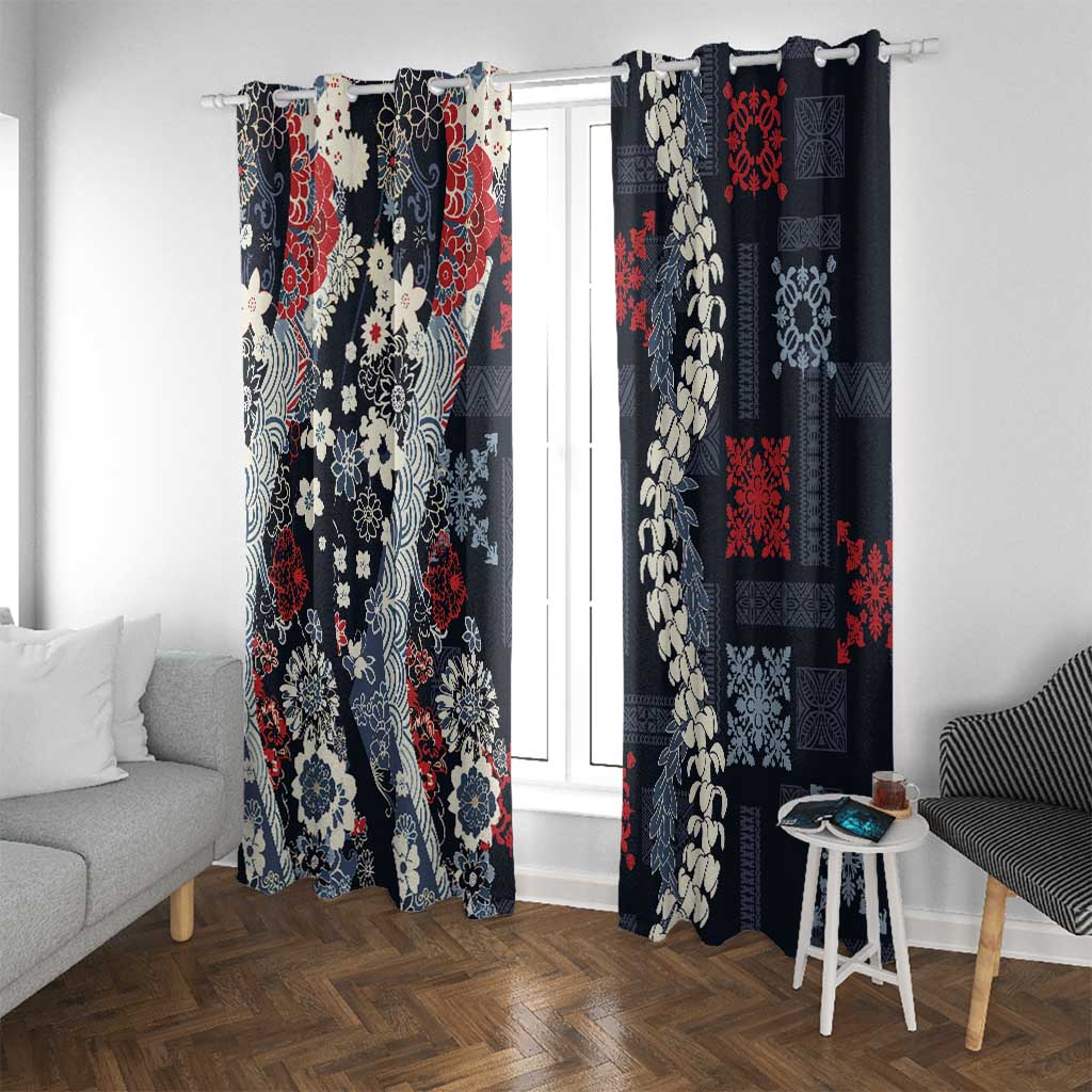 Hawaii Puakenikeni and Maile Lei Window Curtain Navy Blue Japanese Wave Style - Polynesian Pride