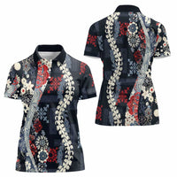 Hawaii Puakenikeni and Maile Lei Women Polo Shirt Navy Blue Japanese Wave Style - Polynesian Pride