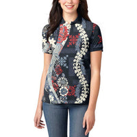 Hawaii Puakenikeni and Maile Lei Women Polo Shirt Navy Blue Japanese Wave Style - Polynesian Pride