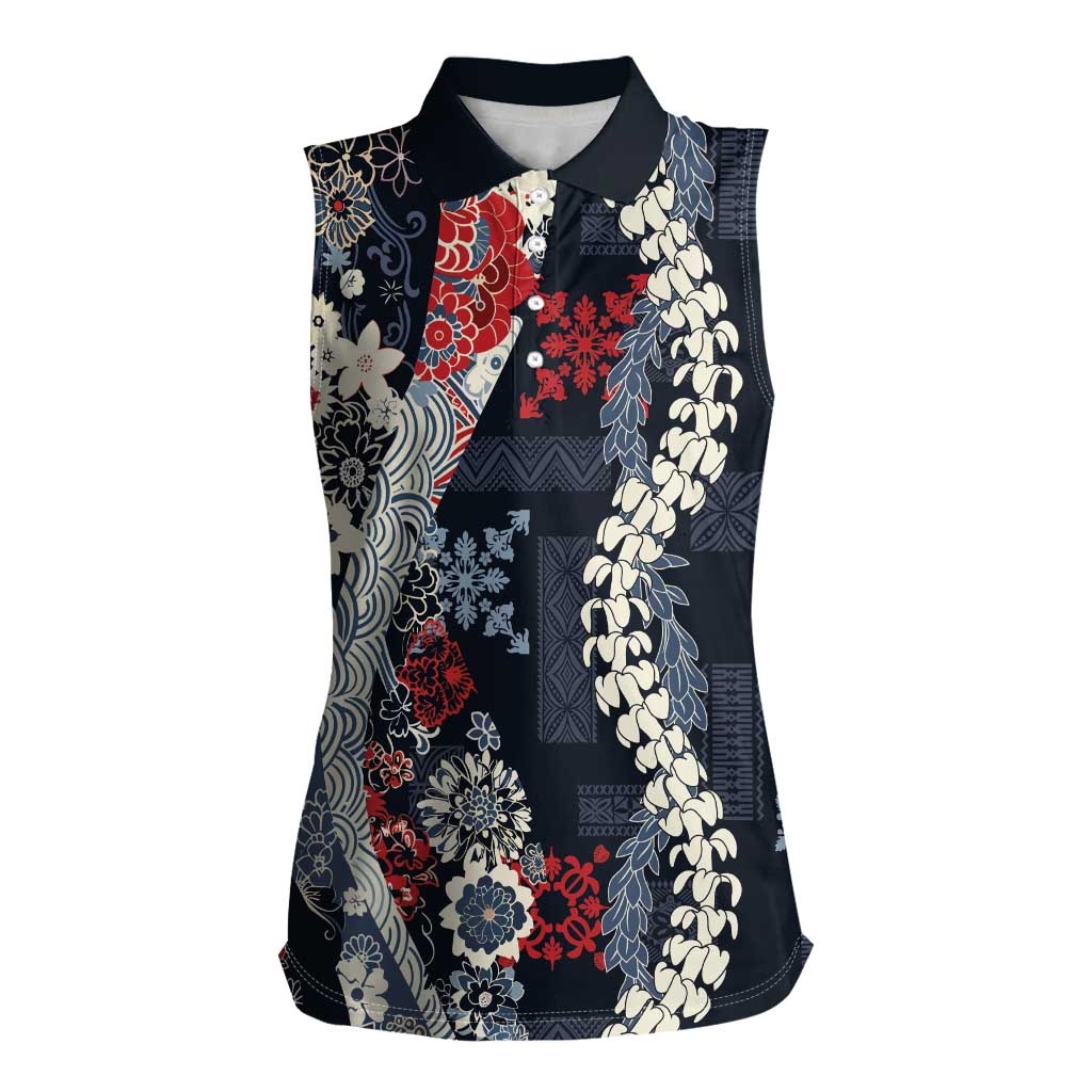 Hawaii Puakenikeni and Maile Lei Women Sleeveless Polo Shirt Navy Blue Japanese Wave Style - Polynesian Pride
