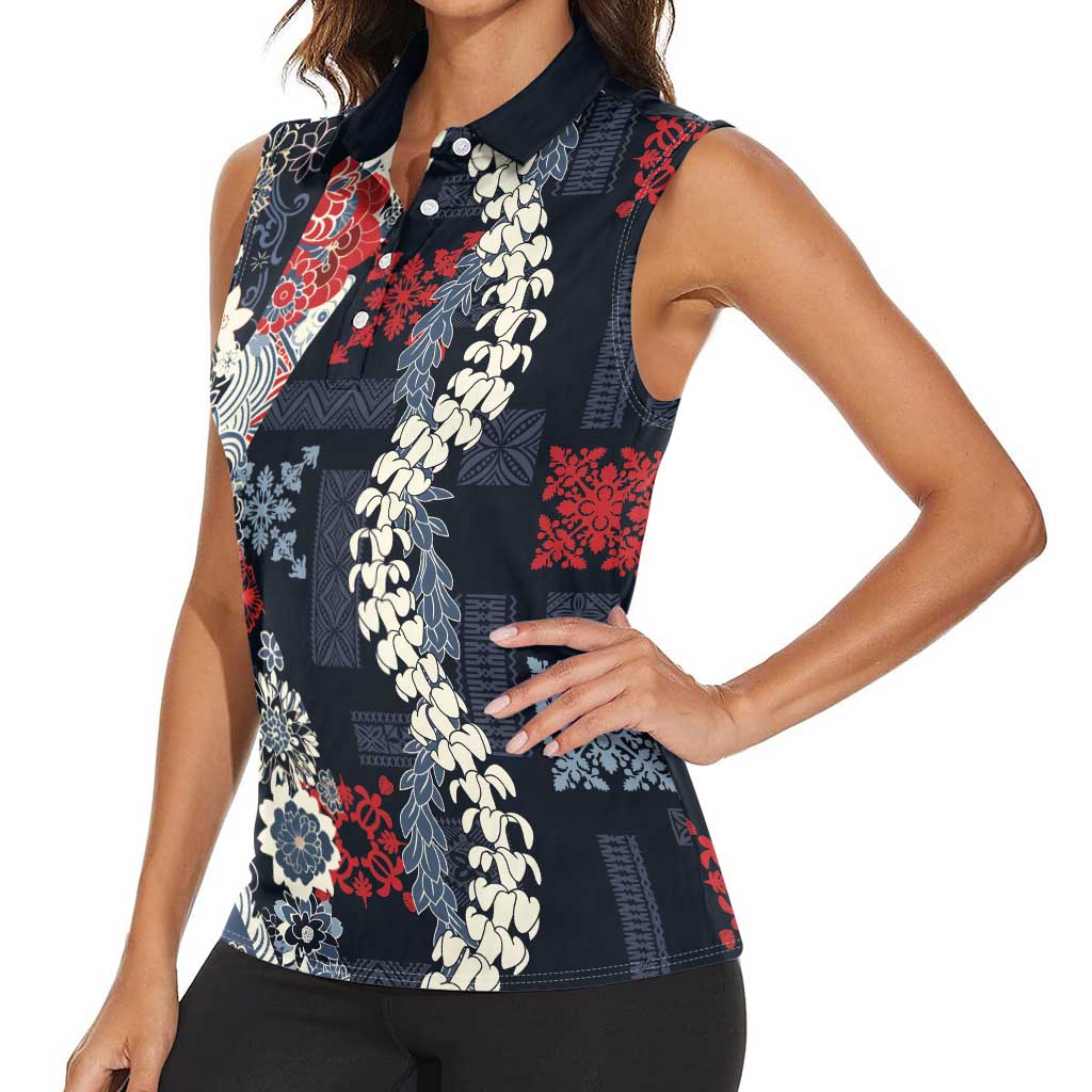 Hawaii Puakenikeni and Maile Lei Women Sleeveless Polo Shirt Navy Blue Japanese Wave Style - Polynesian Pride