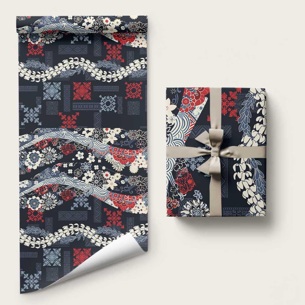 Hawaii Puakenikeni and Maile Lei Wrapping Paper Navy Blue Japanese Wave Style - Polynesian Pride