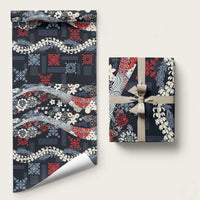 Hawaii Puakenikeni and Maile Lei Wrapping Paper Navy Blue Japanese Wave Style - Polynesian Pride