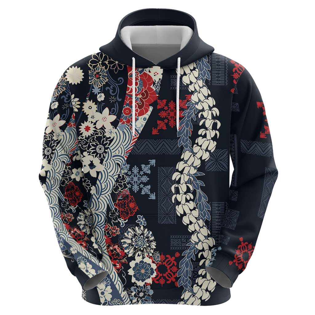Hawaii Puakenikeni and Maile Lei Zip Hoodie Navy Blue Japanese Wave Style - Polynesian Pride