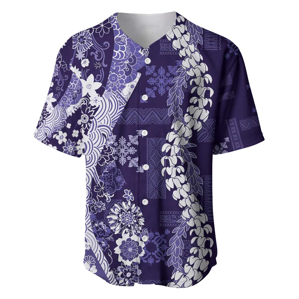Hawaii Puakenikeni and Maile Lei Baseball Jersey Purple Japanese Wave Style - Polynesian Pride