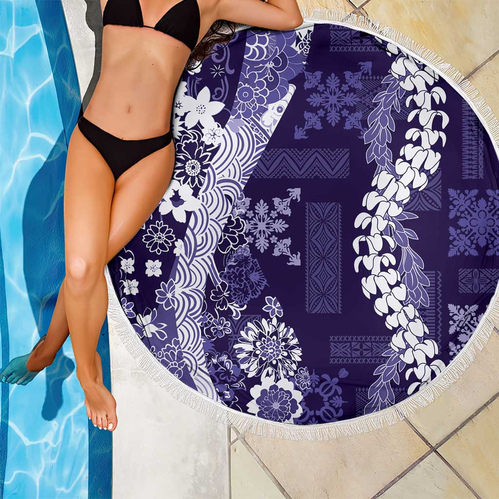 Hawaii Puakenikeni and Maile Lei Beach Blanket Purple Japanese Wave Style - Polynesian Pride