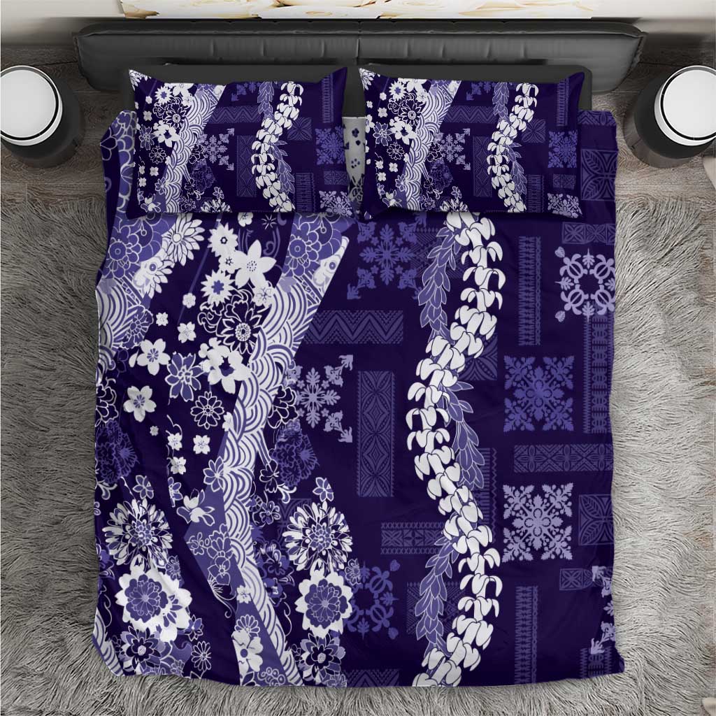 Hawaii Puakenikeni and Maile Lei Bedding Set Purple Japanese Wave Style - Polynesian Pride