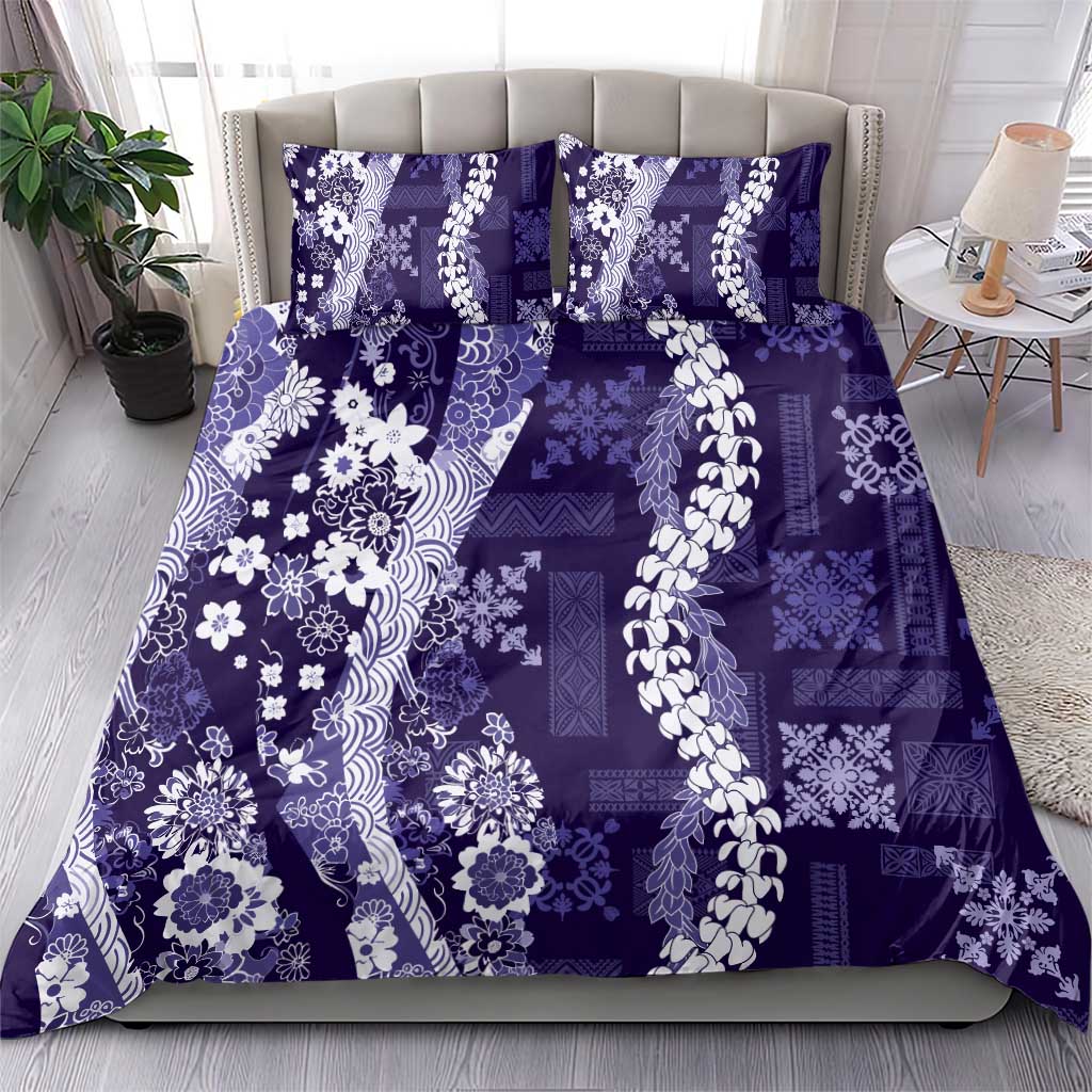 Hawaii Puakenikeni and Maile Lei Bedding Set Purple Japanese Wave Style - Polynesian Pride
