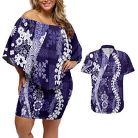 Hawaii Puakenikeni and Maile Lei Couples Matching Off Shoulder Short Dress and Hawaiian Shirt Purple Japanese Wave Style - Polynesian Pride