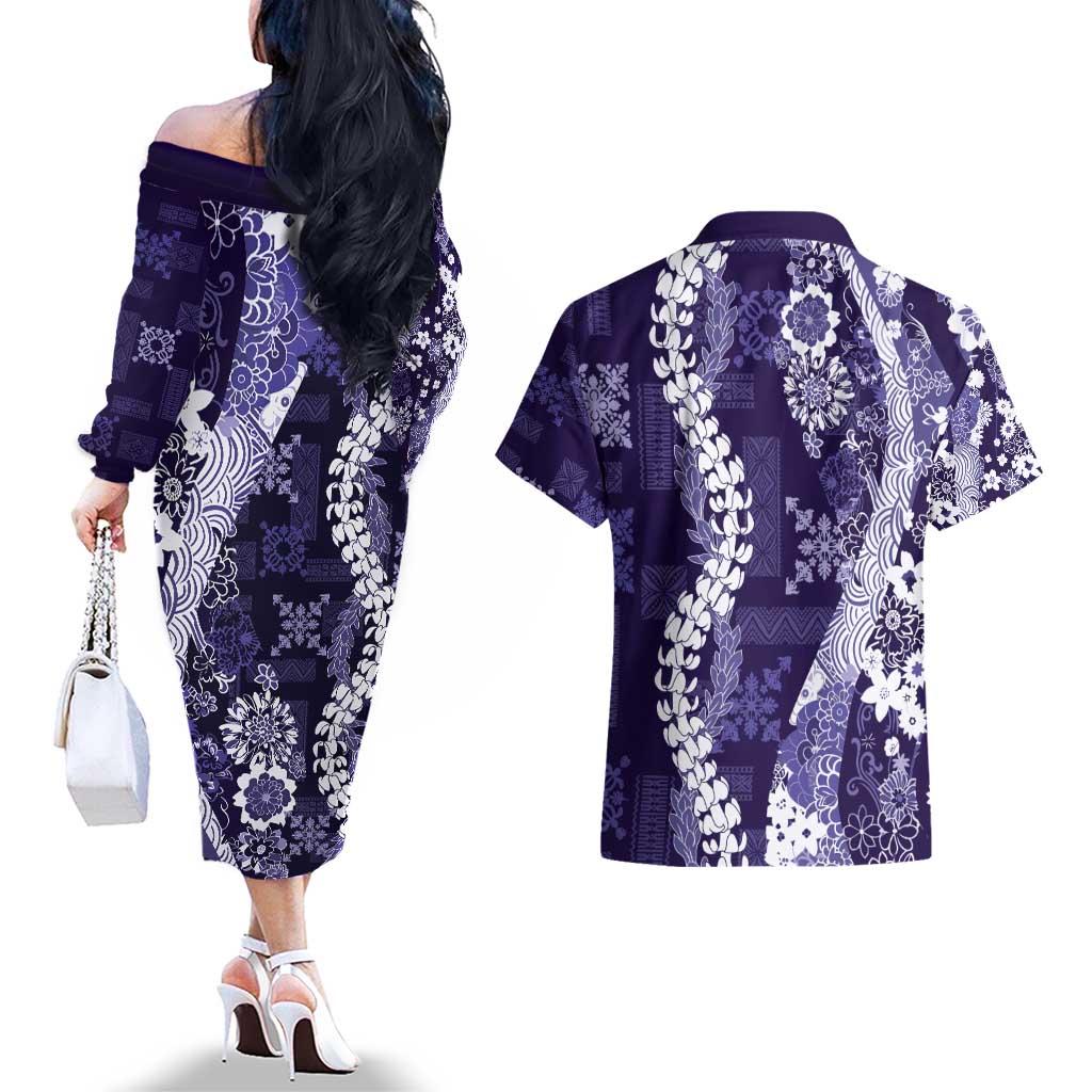 Hawaii Puakenikeni and Maile Lei Couples Matching Off The Shoulder Long Sleeve Dress and Hawaiian Shirt Purple Japanese Wave Style - Polynesian Pride