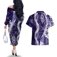 Hawaii Puakenikeni and Maile Lei Couples Matching Off The Shoulder Long Sleeve Dress and Hawaiian Shirt Purple Japanese Wave Style - Polynesian Pride