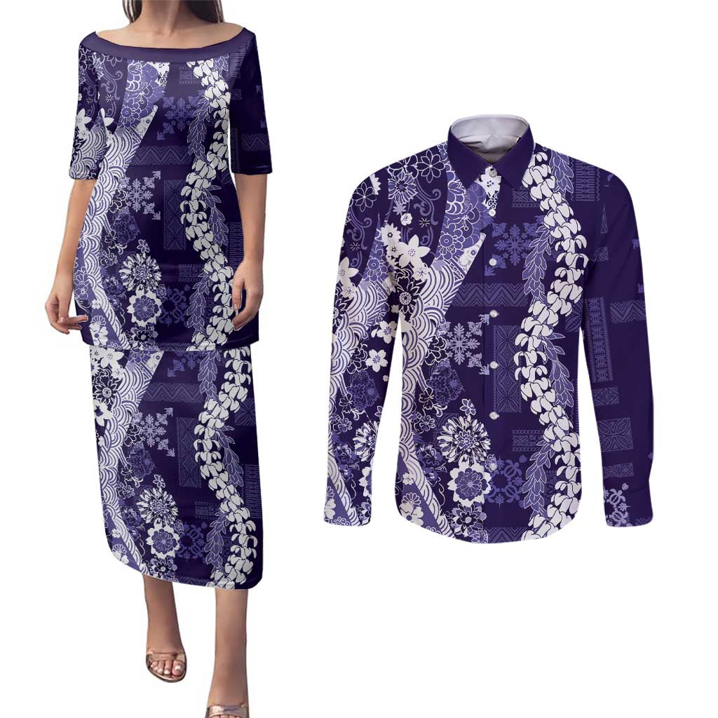 Hawaii Puakenikeni and Maile Lei Couples Matching Puletasi and Long Sleeve Button Shirt Purple Japanese Wave Style - Polynesian Pride