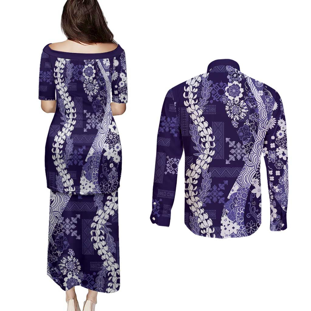 Hawaii Puakenikeni and Maile Lei Couples Matching Puletasi and Long Sleeve Button Shirt Purple Japanese Wave Style - Polynesian Pride