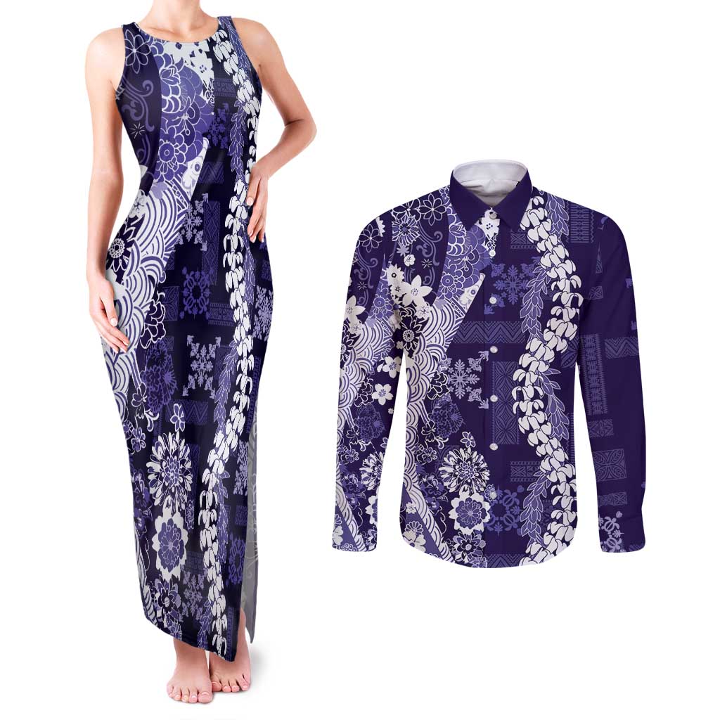 Hawaii Puakenikeni and Maile Lei Couples Matching Tank Maxi Dress and Long Sleeve Button Shirt Purple Japanese Wave Style - Polynesian Pride
