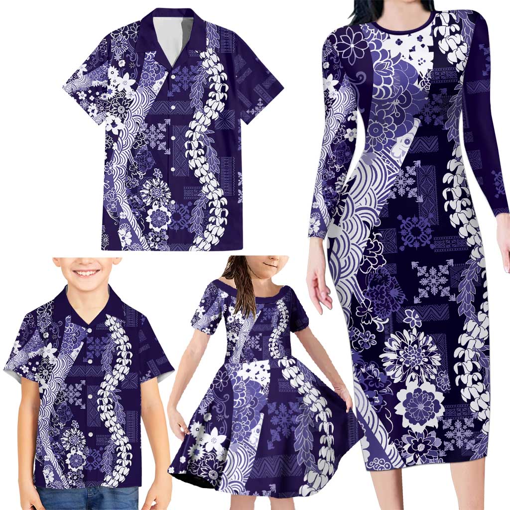 Hawaii Puakenikeni and Maile Lei Family Matching Long Sleeve Bodycon Dress and Hawaiian Shirt Purple Japanese Wave Style - Polynesian Pride