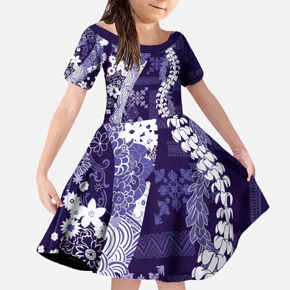 Hawaii Puakenikeni and Maile Lei Family Matching Off The Shoulder Long Sleeve Dress and Hawaiian Shirt Purple Japanese Wave Style - Polynesian Pride